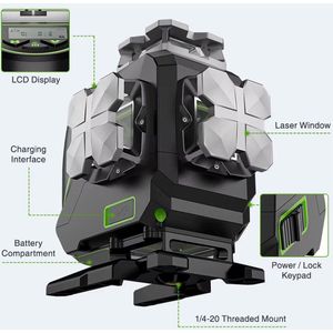 4D Groene Straal Kruislijn Laser Nivel Set met Detector, Bluetooth, Afstandsbediening, Beugel en Harde Koffer