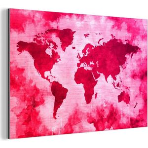 Wanddecoratie Metaal - Aluminium Schilderij Industrieel - Wereldkaart - Rood - Roze - 150x100 cm - Dibond - Foto op aluminium - Industriële muurdecoratie - Voor de woonkamer/slaapkamer