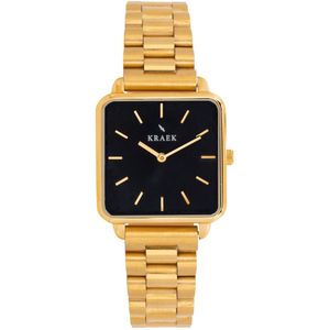 KRAEK Eva Goud Met Zwarte Wijzerplaat 28 mm | Dames Horloge | Goud stalen horlogebandje | Vierkant | Minimaal Design | Schakelband | Gratis Horloge Gereedschap