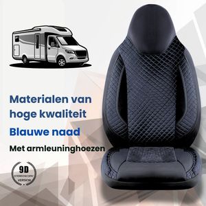Stoelhoezen voor Ford Tourneo Transit Custom bestelbus in pasvorm, set van 2 stuks - bestuurder 1 + 1 passagierszijde | Met armleuning hoezen | CBA102 | Zwart met blauwe naad