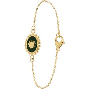 Lucardi Dames Stalen goldplated armband met groene ovale munt - Armband - Staal - Goudkleurig - 19 cm