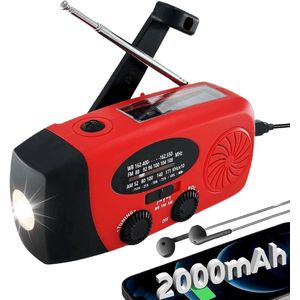 Noodradio met handaandrijving, 2000 mWh, met 3 LED-zaklampen, radio op zonne-energie, AM/FM/NOAA-radio met Type-C USB-oplaadbaar en 2000 mAh powerbank Geschikt voor smartphones (rood).