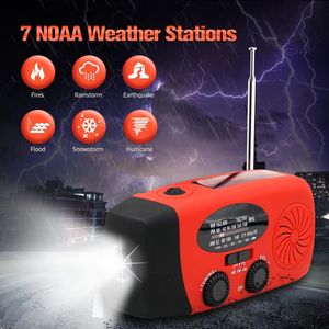 Noodradio met handaandrijving, 2000 mWh, met 3 LED-zaklampen, radio op zonne-energie, AM/FM/NOAA-radio met Type-C USB-oplaadbaar en 2000 mAh powerbank Geschikt voor smartphones (rood).