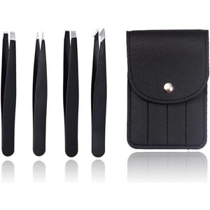 EYVRPAU Set van 4 roestvrijstalen pincetten, wenkbrauwpincetten, rechte schuine punt, pincet, gedeelde punt, puntige pincet, neutraal (zwart)