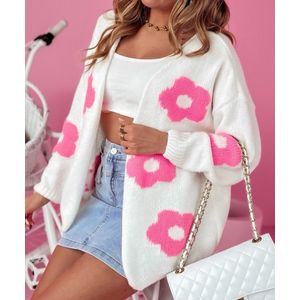 Wit Open Vest Bloemen Print - Witte dames vesten - Korte open vesten - Roze Bloemen print - Witte vesten