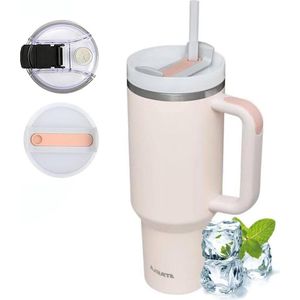 12 liter grote thermobeker met rietje en handvat - lekvrij - roestvrijstalen isolatie - koffiebeker to-go - waterbeker - reisbeker - drinkbeker rozenkwarts