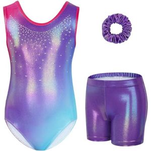 Driedelige Gymnastiekset voor Meisjes, Mouwloos Turnpakje met Korte Broek en Haarband, Sprankelend Ballet- en Danspakje voor 3-12 Jaar
