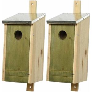 Set van 2 houten vogelhuisjes/nestkastjes met lichtgroene voorzijde en metalen dakje 26 cm - Vogelhuisjes tuindecoraties