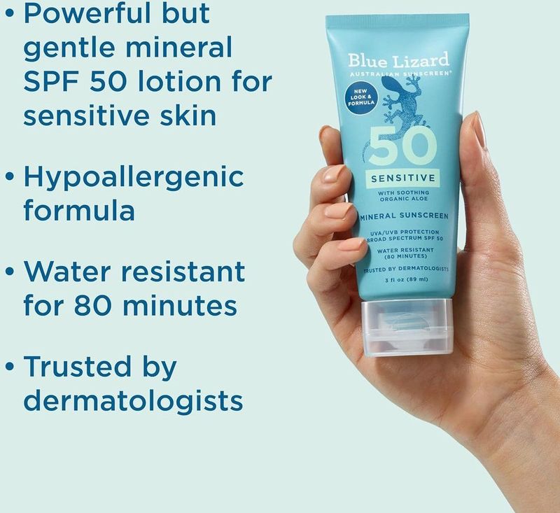 Blue Lizard SENSITIVE Mineral Sunscreen with Zinc Oxide, SPF 50+, Water Resistant, UVA/UVB Protection with Smart Cap Technology - Fragrance Free, 3 oz. Tube