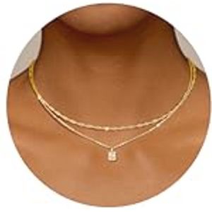 Zilveren en Gouden Halsketting voor Dames met Zirkonia, Waterdichte Mini CZ Ketting, Vierkante Hanger, Gelaagde Ketting