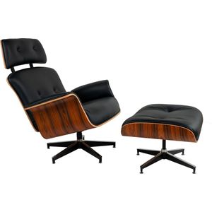 Meubi Lounge Chair + Hocker - Zwart - Palissander - Fauteuil - Relaxfauteuil - Stoel -Italiaans Leer - PREMIUM