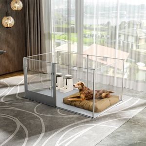 Bingopaw Transparante Hondenren - Hek voor Honden - Binnenhuis Acryl Speelren voor Huisdieren - Afzetbox voor Het Werpen - Inclusief Waterdicht Kraammatje voor Huisdieren, Honden Rechthoekig - 163x100x80cm