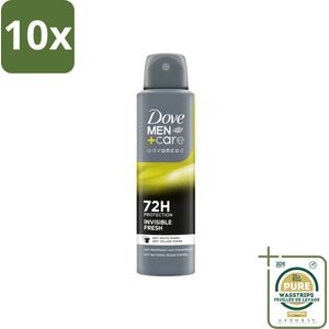 10 x Dove Men+Care Deodorant Spray - Invisible Fresh - 150 ml - Grootverpakking - Deodorant Spray - Zweetvermindering - Huidverzorging - Anti-transpirant - Witte Strepen