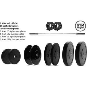 Voordeelset (90KG) | Halterstang met gewichten - 180cm / 15kg barbell + 75kg bumper plates + set lock jaws - gym masters