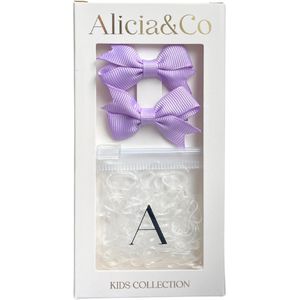 Alicia&Co - Tiny Tie & Bow Set - Lovely Lilac - Set van 2 kleine alligator haarclips en 1 zakje met kleine transparante haarelastiekjes - cadeau - kraamcadeau - haarspelden & clips - haarelastiekjes kind - haarspeldjes kind - haarspeldjes baby