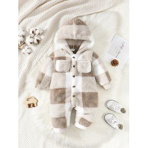 Baby Jongen en Meisje Geruite Romper met Capuchon - Lange Mouwen Pluche Jumpsuit - Winter Warme Bodysuit voor 6-9 Maanden - Peuter Kleding, Baby Winterkleding