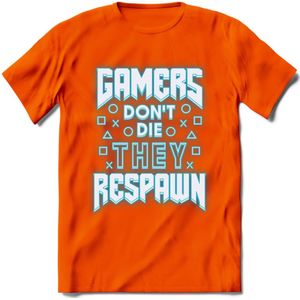 Gamers don't die T-shirt | Neon Blauw | Gaming kleding | Grappig game verjaardag cadeau shirt Heren – Dames – Unisex | - Oranje - 3XL