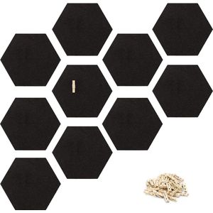 zeshoekig prikbord van kurk - Set van 10 zelfklevende tegels - Inclusief 50 houten punaises - 15 x 17 cm wandbord in zwart