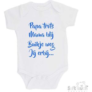 100% katoenen Romper ""Papa trots Mama blij Buikje weg Jij erbij..."""" Jongens Katoen Wit/blauw Maat 56/62