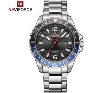 NAVIFORCE horloge voor mannen, met zilveren metalen polsband, zwarte horlogekast en zwarte wijzerplaat met in het donker oplichtende wijzers ( model 9192 SSB ), verpakt in een mooie geschenkdoos