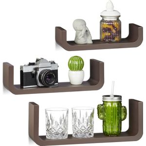 Relaxdays wandplank - set van 3 - 10 cm diep - tot 40 cm breed - U-vorm - bruin