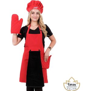 Tulipa rode Keukenschort Set van 6 met zwarte Handdoek en Ovenwanten Pannenlappen Koksmuts Professioneel Verstelbaar Kookschort BBQ Schort Horecakwaliteit Schorten voor vrouwen One Size Fits All