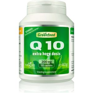 Greenfood Co-enzym Q10, 200 mg pure Q10, extra hoge dosering, 120 capsules, veganistisch, geproduceerd door natuurlijke fermentatie. Zonder kunstmatige toevoegingen, Zonder genetische manipulatie.
