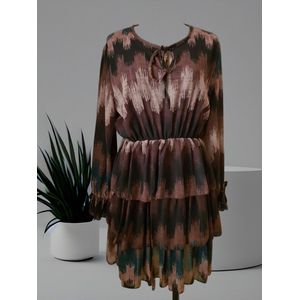 Dames jurk kort met stroken print petrol/bruin/beige One size