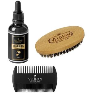 Velihan Beardcare - Baardverzorging Trio Pack - Baardolie Geurloos 30ml, Baardborstel en Baardkam - Baardverzorging set - Cadeau voor hem - Baardverzorging - Baard olie - Cadeau voor vriend - Baardgroei