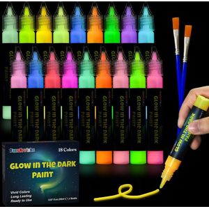 Twinkelende Nachtverfset voor Kinderen - 18 Kleuren Glow in the Dark Verf - Waterdichte Textielverf - DIY Fluorescerende Schilderstiften voor Kunstwerkjes in het Donker