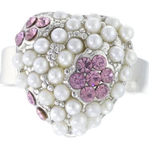 Behave - Ring - Verstelbare Hartvormige Ring – Zilverkleurig met Parelaccenten en Paarse Kristallen – Romantisch & Elegant