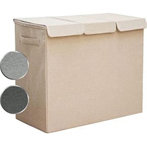 Wasmand 3 vakken wassorteerder - Wasmand 3 vakken met deksel - Wasmand met deksel - Wasverdeler - 60L x 30B x 50H - Beige