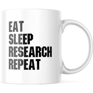 Mok met tekst: Eat Sleep Research Repeat | Grappige mok | Grappige Cadeaus