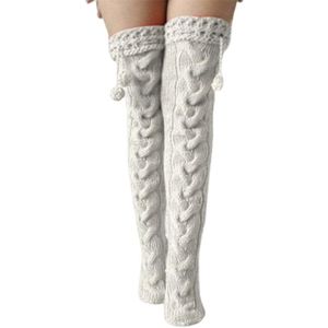 1 paar damessokken tot over de knie - 72 cm lang - met schattig bolletje - Kabelgebreide sokken tot over de knie - Zacht en comfortabel - Warme wintersokken - Wit