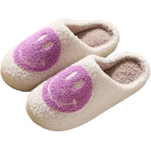 TippyToes® Smiley Slippers - Comfortabele en Warme Huispantoffels - Anti-Slip - Unisex - Paarse Smiley