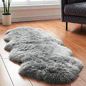 Grijs lamsvel schapenvacht tapijt - luxe bont tapijt voor Meyecon bed - imitatie wollen tapijt - faux bont tapijt voor sofa - grijs 160 x 60 cm vloerkleed