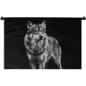 Wandkleed - Wanddoek - Wolf - Dieren - Wild - Zwart - Wit - 90x60 cm - Wandtapijt