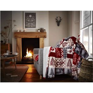 Kerst Patchwork Rood Extra Groot XXL Nepbont Sherpa Fleece Deken