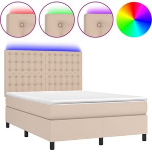 vidaXL - Boxspring - met - matras - en - LED - kunstleer - cappuccinokleur - 140x200cm