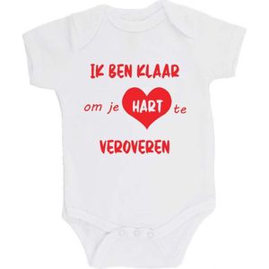 100% katoenen Romper bedrukt met grappige tekst Kado Cadeau Kraamkado Kraamcadeau ""Ik ben klaar om je hart te veroveren"" Unisex Katoen Wit/rood Maat 68/74