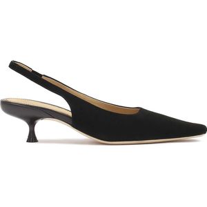 Black suede pumps with open heel and extended nose