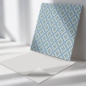 Wallfluent Vinyl Wandpaneel - Geometrisch patroon met bloemenmotief Zelfklevende Wandbekleding - 50 cm x 50 cm - Blauw Vinyl Wandpaneel - 4 stuks - Vierkant Wandbekleding Vinyl - Patroon Wandpaneel - Wandpaneel PVC - Wandpaneel Keuken en Badkamer