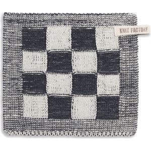 Knit Factory Gebreide Pannenlap Block - Pannenlappen gemaakt van 50% katoen & 50% acryl - Blokken motief - Traditionele look - 1 stuk - Ecru/Granit - 23x23 cm
