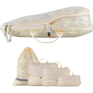 Inpakkubussen set met compressie van gerecyclede plastic flessen, lichte pakzakken, set voor rugzak en koffer (zandbeige, 4-delige set)