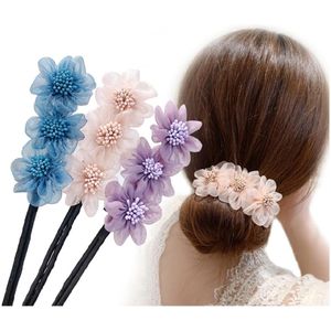 3-Pack - Haar Drummer, Haar Styler, Bun Maker, Krulspelden, Haaraccessoires voor Vrouwen, Franse Haar Styler, Bloemenstrik (Paars/Blauw/Roze)