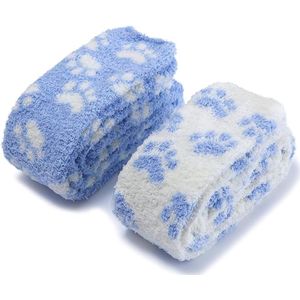 Twee paar schattige overknee sokken van koraalfleece, pyjamasokken met cartoonmotief, dikke wintersokken (wit en blauw + blauw en wit).