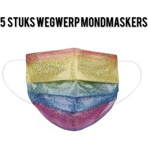 Glitter wegwerp mondmaskers - Regenboog - per 5 stuks
