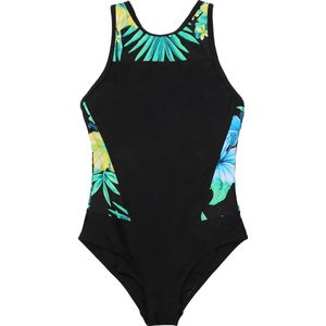 Badpak met racerback- zwart met bloemen 116-122