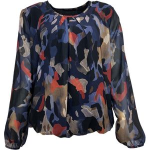 Pink Lady - E201 - Blouse - Jeans Blauw Print - Ronde Hals - Lange Mouwen