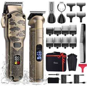 Hatteker Professionele Tondeuse en 4-in-1 Trimmer Set voor Heren – Haartrimmer, Baardtrimmer, Precisie Trimmer & Neustrimmer – Inclusief Kapperscape – IPX7 Waterdicht – USB Oplaadbaar – Draadloos T-Blade – Bronskleurig
